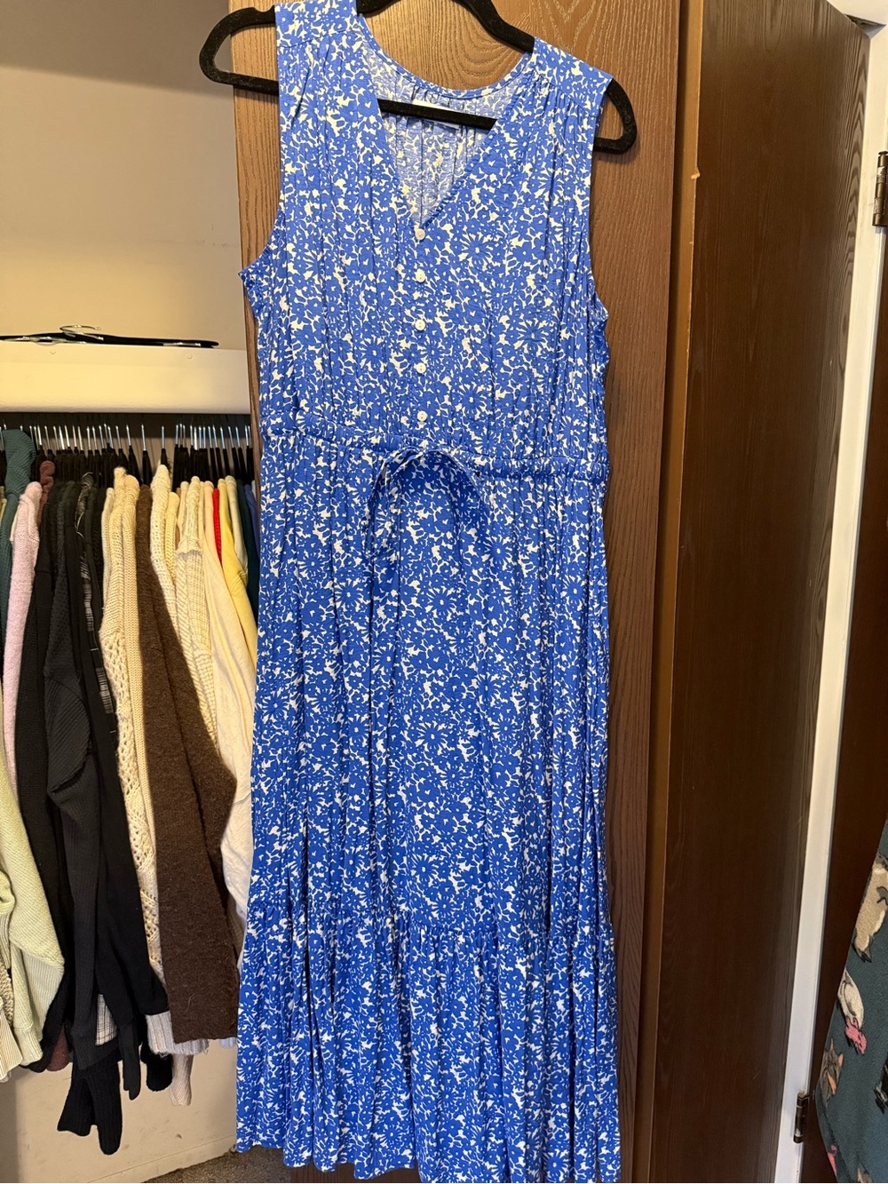 Sonoma Blue and White Floral Sleeveless Tie-Waist Maxi Dress